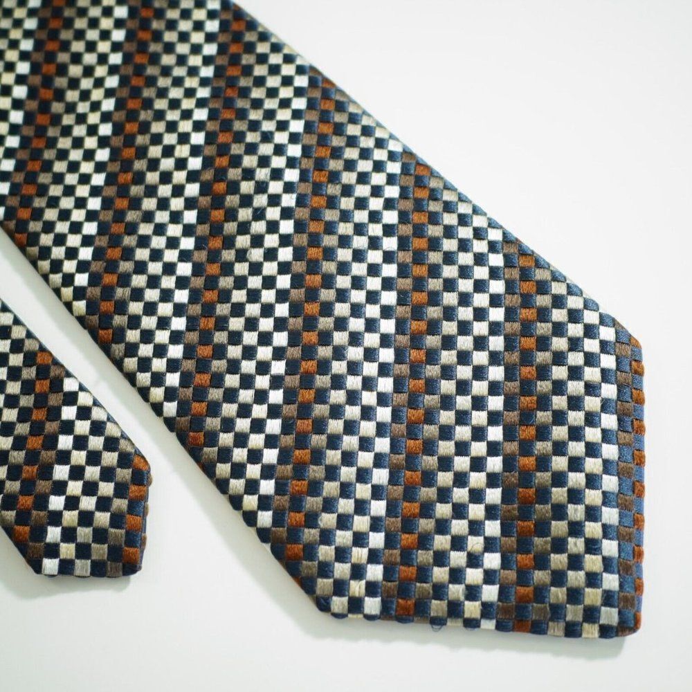 XMI Platinum Brown Gradient Geometric‎ Woven Striped Wide Silk Tie Italy USA